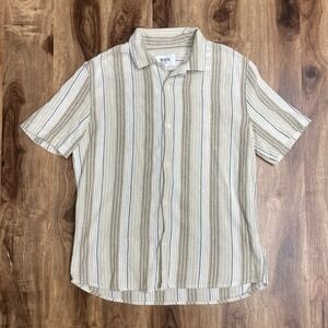 Wax London Shirt Mens Beige Didcot Stripe Short Sleeve Crinkle Mens Size M